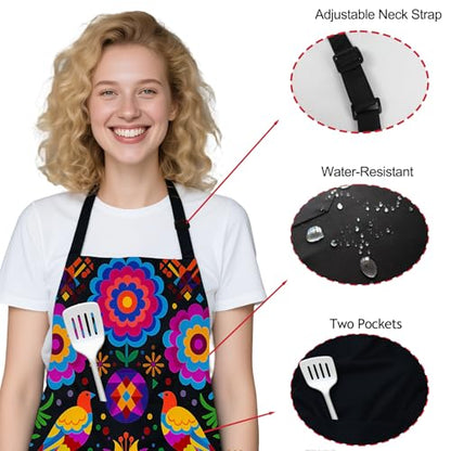 Mexican Floral Apron with 2 Pockets, Adjustable Apron for Cooking Baking BBQ Painting, Gifts for Women Men - color: Black-niao
