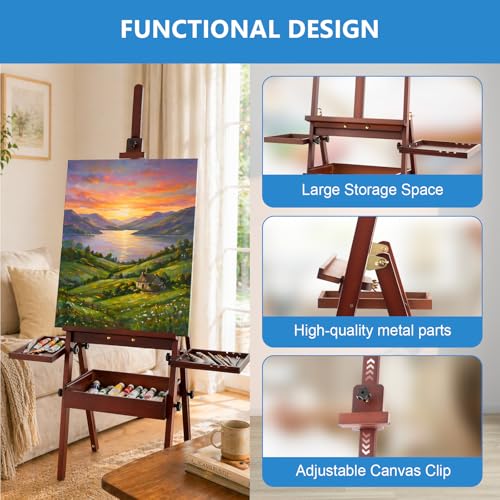 Large Wooden Painting Easel with Storage Drawer and Palettes, H-Frame Studio Easel Stand Holds Canvas up to 36 Inches, Suitable for Adults, Beginners, and Artists, Walnut - style: Walnut