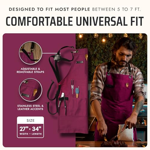 Asaya Chef and BBQ Apron with Bottle Opener and Hand Towel - 10oz Cotton Canvas, Stainless Steel Hardware - Cross Back Straps - color: Burgundy