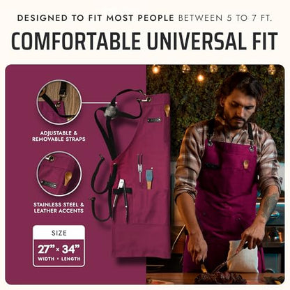 Asaya Chef and BBQ Apron with Bottle Opener and Hand Towel - 10oz Cotton Canvas, Stainless Steel Hardware - Cross Back Straps - color: Burgundy