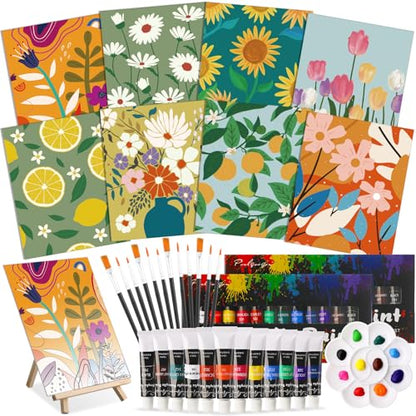 Cholemy 36 Pcs Paint and Sip Kit for Adults 8''x10'' Pre Drawn Canvas for Painting DIY Afro Acrylic Painting Kit Wood Easel Brushes Date Night Bulk for Summer 4th of July Party Gift(Flowering) - style: Flowering