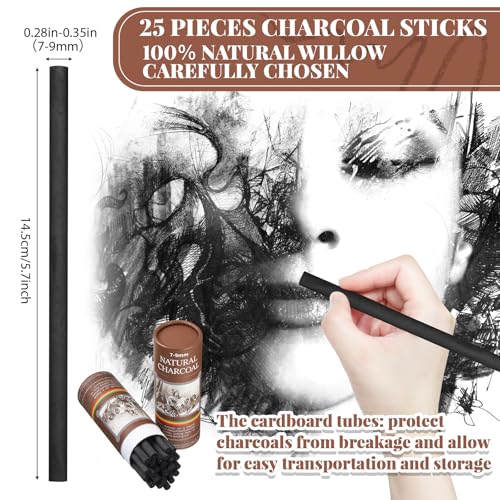 Gueevin 25 Pcs Willow Charcoal Sticks, Willow Charcoal, Artists, Beginners, Students, Perfect for Sketching, Drawing, Shading, and Fine Back to School Christmas Art Gifts (7-9mm) - size: 7-9mm