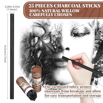 Gueevin 25 Pcs Willow Charcoal Sticks, Willow Charcoal, Artists, Beginners, Students, Perfect for Sketching, Drawing, Shading, and Fine Back to School Christmas Art Gifts (7-9mm) - size: 7-9mm