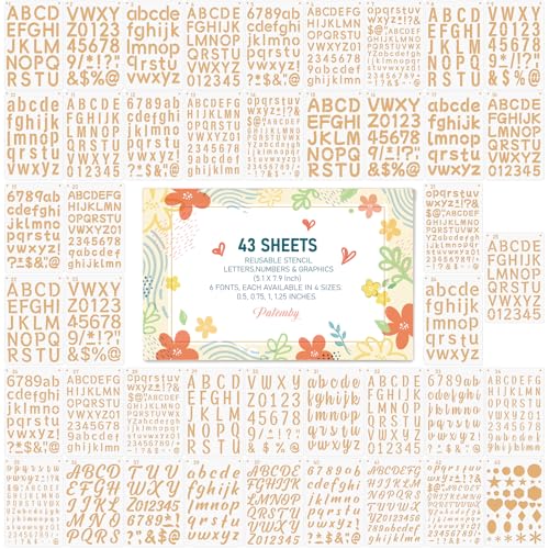 Patemby 1/2, 3/4, 1, 5/4 Inch Small Letter Stencils for Painting, 43 Pack Crafts Reusable Plastic Letter Templates 6 Different Font with Tiny Number & Alphabet Stencil for DIY Crafts Art Projects