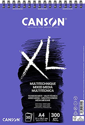 CANSON XL Textured Medium Grain 300gsm A4 Mixed Media White Paper Pad, 30 Sheets, for Professional Artists & Students - size: A4