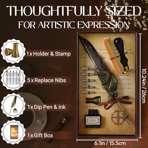 Joyeee Grey Feather Quill Pen Set, with Dip Pen Ink, Pen Nib Base, Replacement Stainless Steel Nibs, Sealing Wax Stamp Kit for Calligraphy Practice, Drawing & Signatures, Best Gifts for Women Men - color: Grey Feather Pen Set