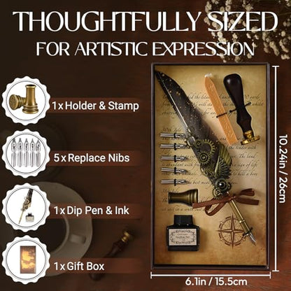 Joyeee Grey Feather Quill Pen Set, with Dip Pen Ink, Pen Nib Base, Replacement Stainless Steel Nibs, Sealing Wax Stamp Kit for Calligraphy Practice, Drawing & Signatures, Best Gifts for Women Men - color: Grey Feather Pen Set