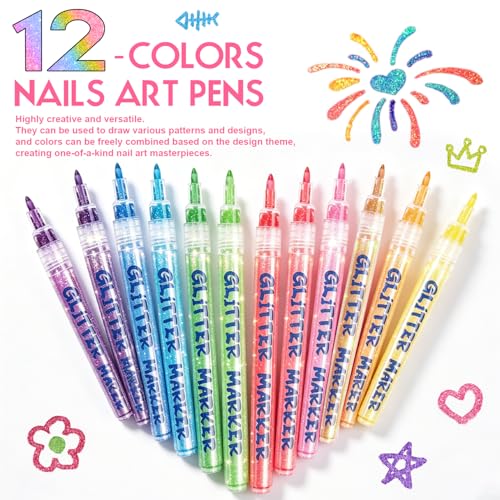 12 Colors Glitter Nail Art Pens Set, 3D Gel Nail Polish Pens Nail Art Drawing Pen Quick Dry Waterproof Nail Art Painting Pens kit for Home DIY Nail Art Design (SET A) - color: SET A