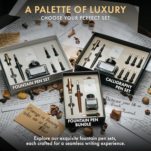Wordsworth & Black Fountain Pen Set, 18K Gilded Medium and Extra Fine Nib, 25ML Black Bottle, 6 Ink Cartridges, Refill Converter, Smooth Writing Pens [Brown Gold], Gift Set for Men and Women - color: Brown Gold