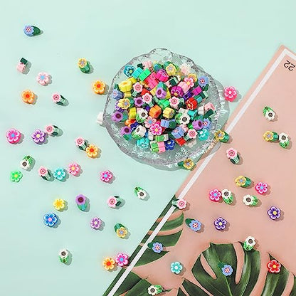 KALIONE 200 Pieces Mixed Flowers Clay Beads, Cute Flower Polymer Clay Beads Charms, 2 Shapes Colorful Flower Spacer Beads Charms for Earring Bracelets Necklace Jewelry DIY Crafts Making Supplies