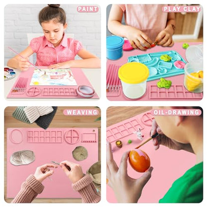 DIYDEC Silicone Craft Mat with Detachable Cup 20X16 Inch Large Silicone Painting Mat for Kids Art Supplies with 10 Painting Brushes Drawing Sheets for Adult DIY Accessories (Pink) - color: Pink