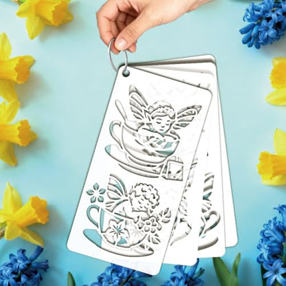 12 Sheets Teacup Fairy Stencils for Painting, 12 Styles Plastic Tea Time Drawing Template Flower Wing Butterfly Art Templates for Painting on Wall Wood Home Decor - style: Teacup Fairy