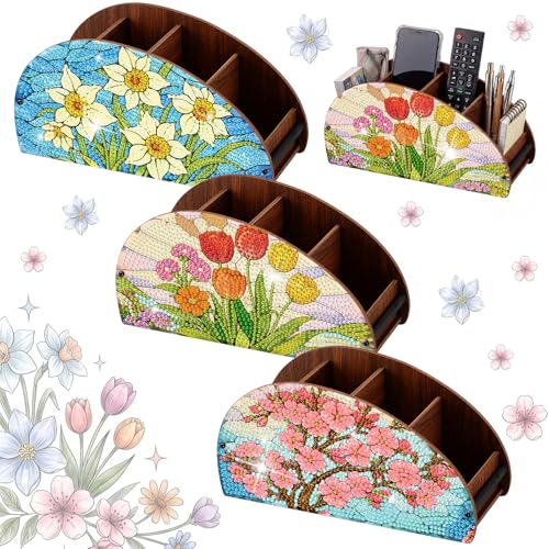 Novabright 3 Pcs Stained Glass Flower Diamond Art Organizer Storage Boxes DIY Wooden Flowers Diamond Painting Organizer Double Sided Drill Holder for Storing Small Objects Tabletop Centerpiece