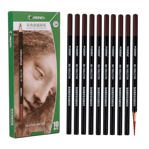 Marie's Professional Charcoal Drawing Set - Premium Artist Sketching Pencils for Portraits & Fine Art - Ideal for Professional Artists & Studio Creation(Red Brown) - style: Red Brown (10pcs)