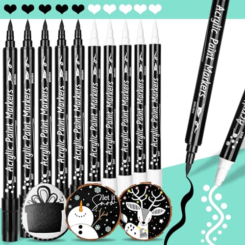 AKARUED Black White Paint Pen Acrylic Marker: 12 Pack Brush and Fine Dual-tip Permanent Black White Paint Markers for Paper, Rock Painting, Wood Sign, Metal, Plastic, Ceramic Drawing - color: White and Black