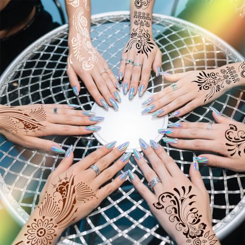 Large Henna Tattoo Stencil Kit - 10 Sheets, Reusable Adhesive Templates for Women and Girls, Indian Arabian Tattoo Stickers for Hand and Body Paint - Body Art Stencil Temporary Tattoos