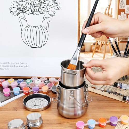 2 Pcs Stainless Steel Paint Brush Cleaner, Paint Brush Washer | Portable Brushes Cleaner with Double Dipper Container Cup, Painting Brushes Holder