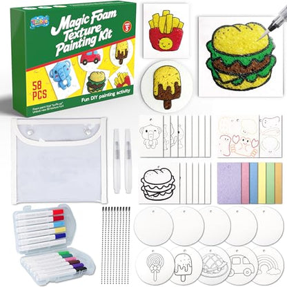 Tibibee 58 Pcs Magic Foam Texture Painting Kit, Magic Puffy Paint Kit–32 Pcs Foam Texture Paper, 12 Acrylic Markers, Magical 3D Effect Texture DIY Painting Set, Great Gifts for Kids Ages 3–8
