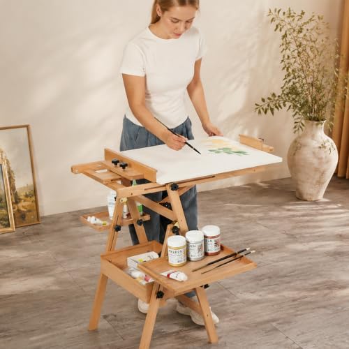 MEEDEN Painting Easel with Storage: H-Frame Beech Wood Art Easel for Adults, Artists, Students, Beginners - Adjustable 50"-80" H, Holds Canvas Up to 47 Inches - color: Natural