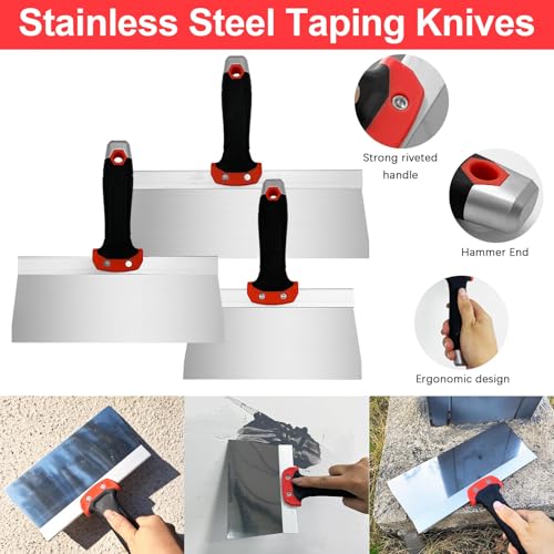 Drywall Knife 3pcs/Set, Stainless Steel Taping Knives Kit Includes 8'', 10'', 12'' Tools, Perfect for Drywall Joint Taping, Finishing & Patching - color: Black - E Set