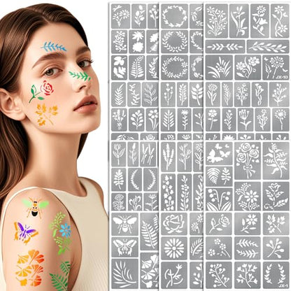 142 PCS Botanical Wildflower Temporary Tattoo Stencils for Kids Adult Flowers Leaves Plants for DIY Drawing Wood Rock Crafts Wall Door Painting School Art Projects, Body Face Paint Stencils
