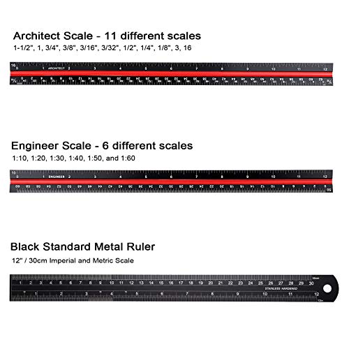 OwnMy 3 Pack 12 Inch Solid Aluminum Triangular Architect Scale Ruler Set, 3-Colors-Groove Architectural and Engineer Scale Metal Ruler Set, Clear Scales Drafting Rulers for Engineer Blueprint Project - style: Imperial Scale