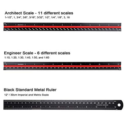 OwnMy 3 Pack 12 Inch Solid Aluminum Triangular Architect Scale Ruler Set, 3-Colors-Groove Architectural and Engineer Scale Metal Ruler Set, Clear Scales Drafting Rulers for Engineer Blueprint Project - style: Imperial Scale