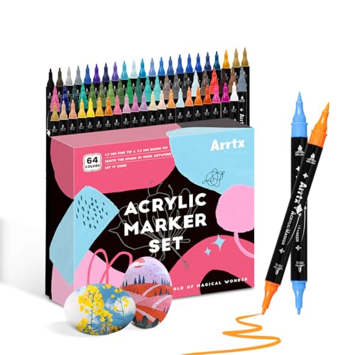 Arrtx Paint Markers Paint Pens, 64 Colors Acrylic Paint Pens Dual-Tip for Rock Painting, Ceramic, Wood, Plastic, Scrapbooking, Brush Lettering, Card Making, DIY Crafts (Fine Tip and Brush Tip)