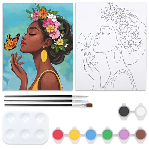 VOCHIC Pre Drawn Canvas for Painting for Adults Paint and Sip Kit Painting Party Supplies 8 Acrylic Colors,3 Brushes,1 Palette Art Set Flower Girl 8x10 in - size: 8x10, style: Style 3