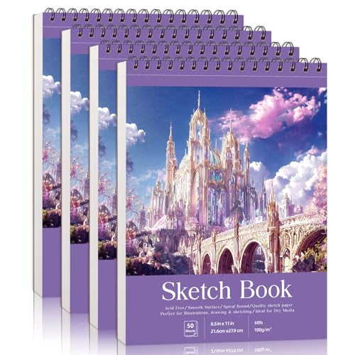 Prudiut Sketch Book 4 Pack 8.5x11 Inch Violet Spiral Bound Sketch Pad for Woman - 50 Sheets Acid Free Paper Sketchbooks for Drawing Artists Beginners Dry Media Portable Tear Line Art Supplies - color: Violet, size: 8.5 x 11inch(4 Pack)