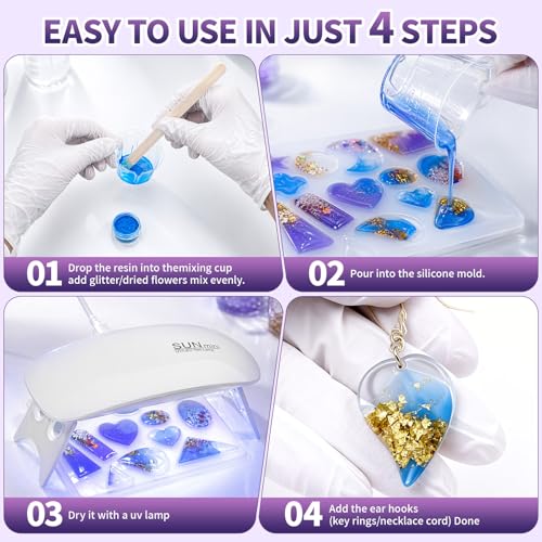 SHORE RESIN 250g UV Resin Kit with Light, Jewelry Starter Set | Includes UV Lamp, Silicone Molds, Glitter, Dried Flowers and Tools for Earrings, Keychains and Crafts - size: 250g