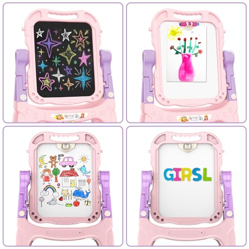 Kids Art Easel, Adjustable Drawing Whiteboard & Chalk Board, Double Sided Toddler Easel with Painting Accessories, Birthday Gift Toy for Little Girls Boy Age 2 3 4 5 (Pink) - color: Pink
