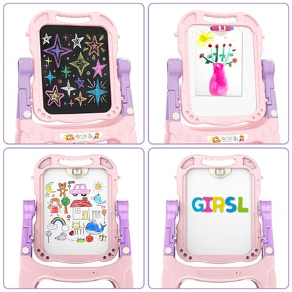 Kids Art Easel, Adjustable Drawing Whiteboard & Chalk Board, Double Sided Toddler Easel with Painting Accessories, Birthday Gift Toy for Little Girls Boy Age 2 3 4 5 (Pink) - color: Pink