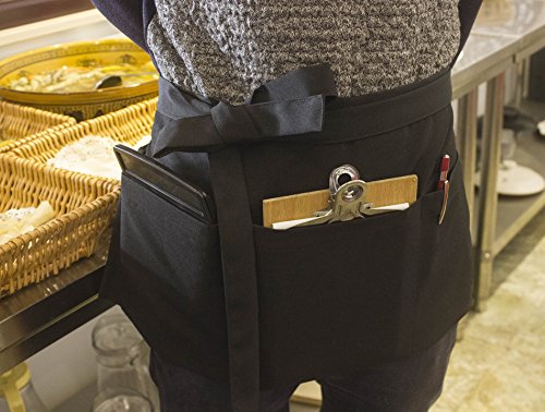 Resist water 3 big Pockets Waist Server Apron Kitchen Restaurant Unisex Half Aprons - color: Black