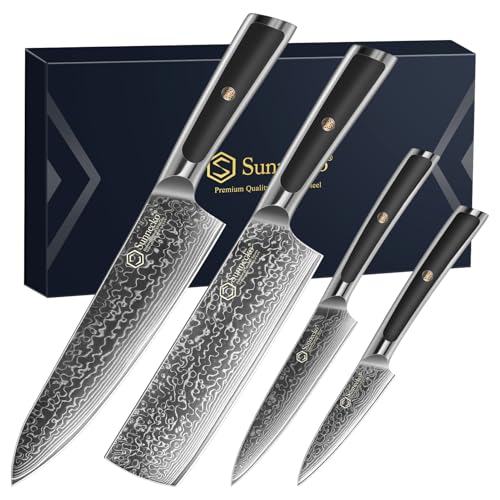 Sunnecko Damascus Kitchen Knife Set 4 Piece, Sharp Chef Knife Set Professional Kitchen Knives Sets Full Tang with Gift Box - size: Set of 4