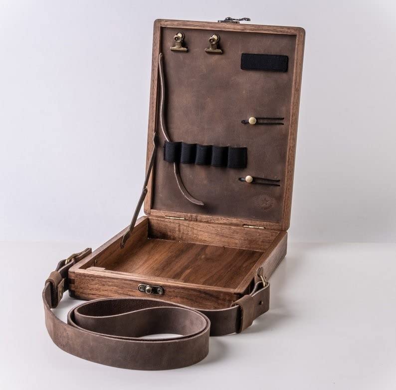 TSINGS Wooden Sketching Tool Box Wood Cross-Body Briefcase Portable Organizer Messenger Wooden Case Easel for Outdoor Painting & Writing - style: Brown