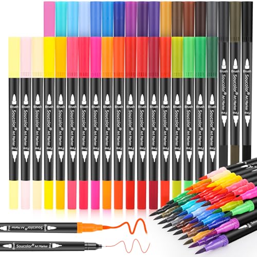 Soucolor Art Brush Markers Pens for Adult Coloring Books, 36 Colors Numbered Dual Tip (Brush and Fine Point) Marker Pen for Note taking Planner Hand Lettering Calligraphy Drawing Journaling - color: 36 Color