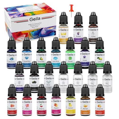Geila Alcohol Ink Set 24 Colors – High Concentration Alcohol Inks for Resin, Vibrant Epoxy Resin Dye for Petri Dish, Coaster, Tumbler Cup, Art Painting (Each 0.35oz)