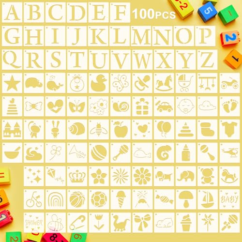 Fainne 100 Pcs Small Stencils for Crafts, 1.5 Inch Reusable Painting Stencils Painting Crafts Templates for Wood, Wall, Home Decor, Canvas, Fabric(Letter, Baby Shower) - style: Letter, Baby Shower
