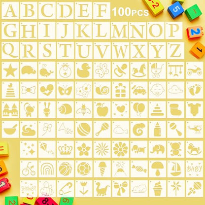 Fainne 100 Pcs Small Stencils for Crafts, 1.5 Inch Reusable Painting Stencils Painting Crafts Templates for Wood, Wall, Home Decor, Canvas, Fabric(Letter, Baby Shower) - style: Letter, Baby Shower