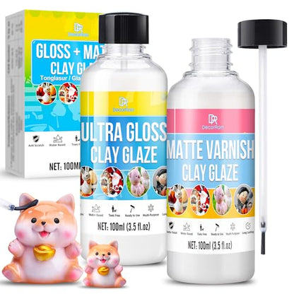 Air Dry Clay Glaze Kit - 7oz Polymer Clay Glaze & Varnish for Air Dry Clay - High Gloss & Matte Sealant, Waterproof, Scratch-Resistant Finish for Pottery, Sculptures & Ceramics, Non-Toxic Clay Gloss