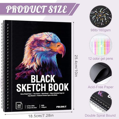 30 Sheets Black Paper Sketchbook with 12 Color Gel Pen Set, 98lb/160gsm Heavyweight Black Sketch Pad 6.7×10in, Acid-Free Drawing Paper, Spiral Bound Sketch Book for Teens, Artist - size: 6.7×10in Set