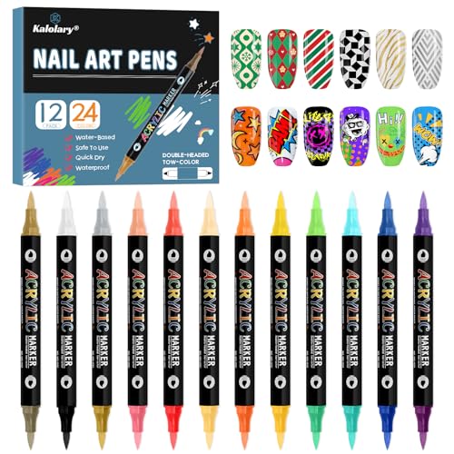 24 Color 3D Nail Art Polish Pens Set, Kalolary Nail Art Markers Point Graffiti Dotting Pen Drawing Painting Liner Double Headed Acrylic Paint for DIY Nail Art - color: 24 Color_A