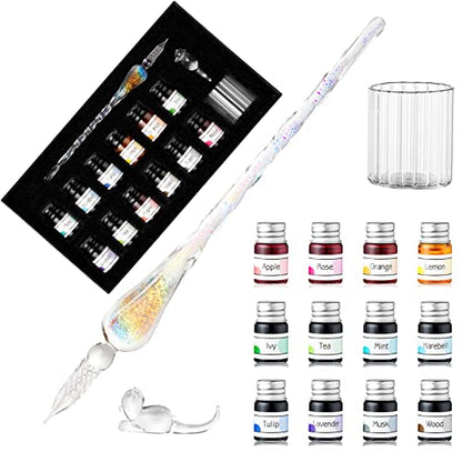 ESSSHOP Glass Dip Pen Calligraphy Fountain Pen Set - 12 Colors Ink Glass Washing Cup Pen Holder Handmade Rainbow Crystal Glass Ink Pen for Art Writing Drawing Signatures Christmas Gifts