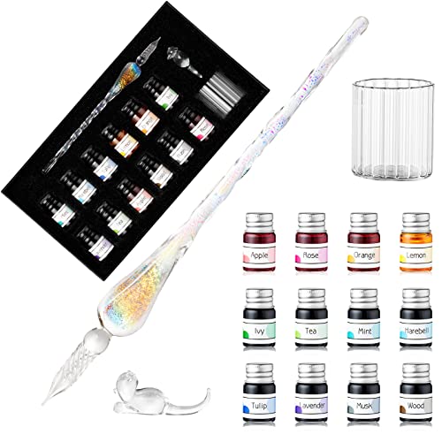 ESSSHOP Glass Dip Pen Calligraphy Fountain Pen Set - 12 Colors Ink Glass Washing Cup Pen Holder Handmade Rainbow Crystal Glass Ink Pen for Art Writing Drawing Signatures Christmas Gifts