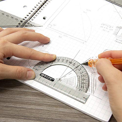 BAZIC Math Geometry Set 5 Pieces, Compass, Protractor, Ruler, 2 Triangle Rulers, Plastic Clear Measuring Sets for Students Professional, 1-Pack | 4-piece geometry set (12 in ruler; 30/60 and 45/90 triangles; 180-degree protractor) plus a compass
