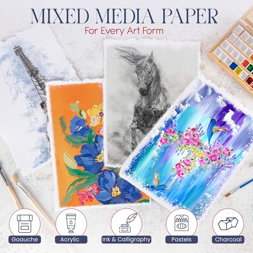 Thick Handmade A5 Size Watercolor Paper with Deckle Edge - 5.8" x 8.25" - 300GSM - Premium White Hot Press Smooth Mixed Media Paper Made with Recycled Cotton - 25 Loose Leaf Sheets - color: White, size: 5.8x8.3" (15x21cm)