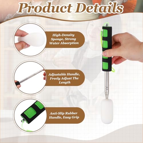 PATIKIL 41" Telescoping Sponge Stick for Pottery, Retractable Ceramic Sponge Tool with 2pcs Head for Removing Excess Water from Tall and Narrow Pottery, White/Green(1.18/1.57"W) - color: White/Green