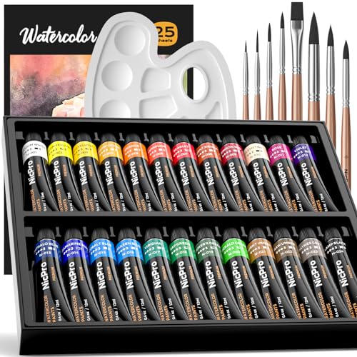 Nicpro Watercolor Paint Set for Adults, Beginner & Artists, 24 Tubes Water Color Paint Set with 25 Watercolor Paper, 8 Squirrel Paint Brushes, Palettes, Color Wheel, Art Painting Supplies - color: 24 Colors
