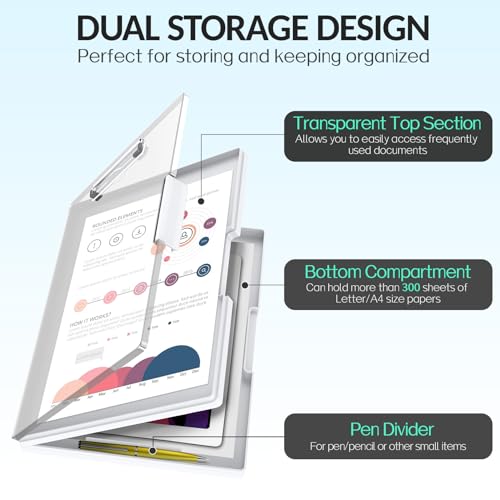 Sooez Clipboard with Storage, Heavy Duty Cleaview Clip Boards 8.5x11 with Dual Storage, Dry Erase Plastic Nursing Clipboard, High Capacity Clipboards Folder for Teacher Nurse, School & Office Supplies - color: White